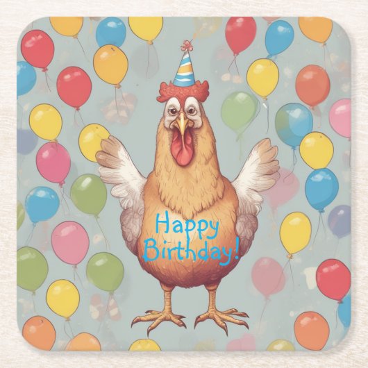 チキン誕生日パーティー スクエアペーパーコースター (正面)
