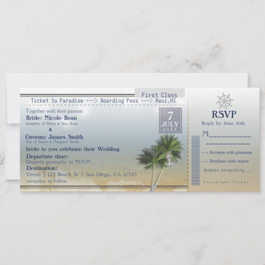 チケットからパラダイス結婚の目的地招待状 招待状 (正面)