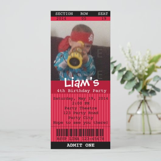 チケットの招待状の(赤い)写真-誕生日の男の子か女の子 招待状 (スタンド正面)