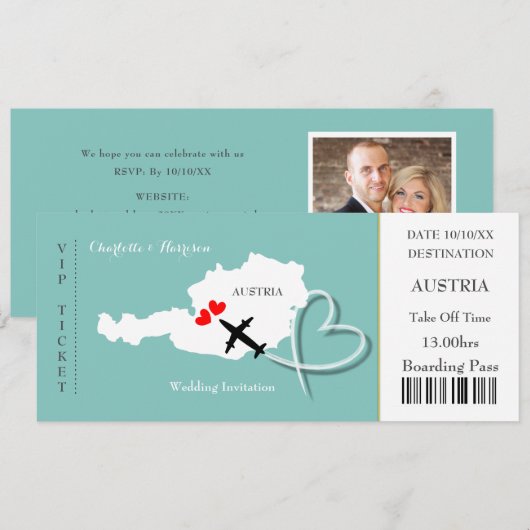 チケットの搭乗券のスタイルのオーストリア行きの結婚式招待状 招待状 (正面/裏面)
