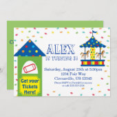 チケットブースと回転木馬、カーニバルサーカスパーティー 招待状 (正面/裏面)