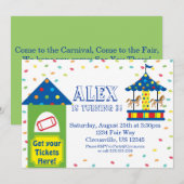 チケット売り場とカルーセル、 カーニバル サーカス パーティー 招待状 (正面/裏面)