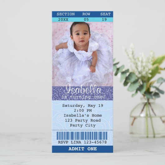 チケット招待状ブルーグリッターフォトムービーシアター 招待状 (スタンド正面)