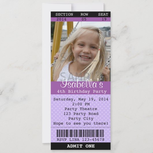 チケット招待状（パープル）写真 - 劇/映画 招待状 (正面)