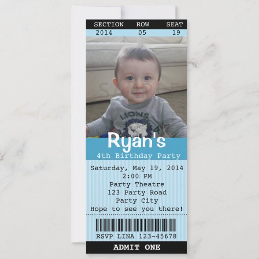 チケット招待状(青)と写真 – シアター/ムービー 招待状 (正面)