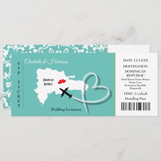 チケット搭乗結婚券の目的地ドミニカ 招待状 (正面/裏面)