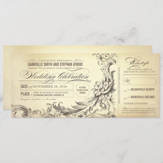 チケット-洗練された華麗さ--を結婚するヴィンテージ 招待状 (正面/裏面)