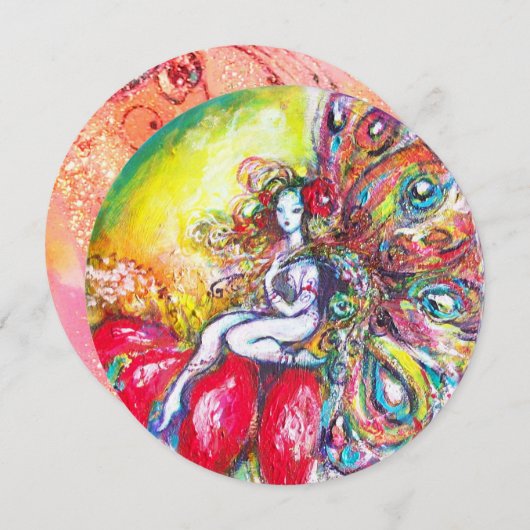 チタニアと赤い花 緑と黄色とピンクのスパークル 招待状 (正面/裏面)