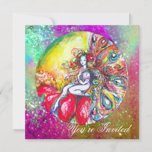 チタニア、ピンク、黄色、青、紫、赤のきらきら 招待状 (正面)