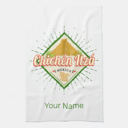 チチェンイッザメキシコレトロマヤンヴィンテージユカタン キッチンタオル (縦)