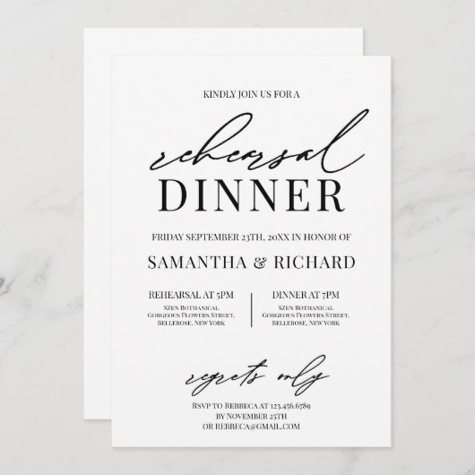 チックの手書きエレガントの田舎のリハーサルディナー 招待状 (正面/裏面)