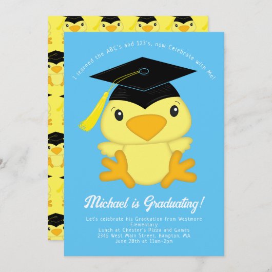 チックキッド幼稚園小学校の卒業式パーティー 招待状 (正面/裏面)