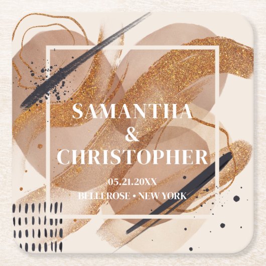 チックテラコッタバラ金ゴールドグリッターブラウンハウス スクエアペーパーコースター (正面)