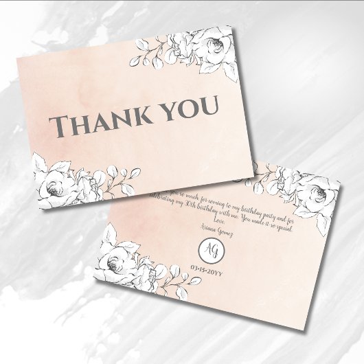 チックピンクモダンホワイトフローラフラットサンキューカード サンキューカード