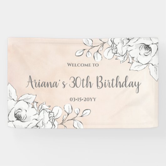 チックピンクモダンホワイトフローラ誕生日へようこそ 横断幕 (横)