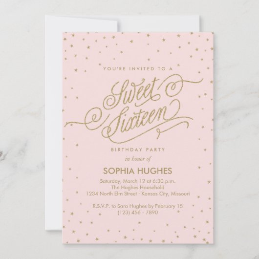 チックピンク＆ゴールドスターズのスイート16パーティー 招待状 (正面)
