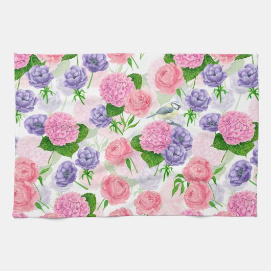 チットバードと花 キッチンタオル (横)