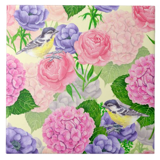 チットバードと花 タイル (正面)