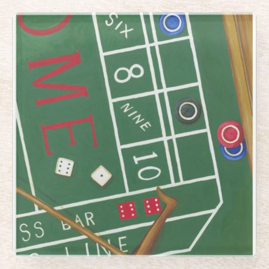チップとサイコロ付きカジノクラップステーブル ガラスコースター (正面)