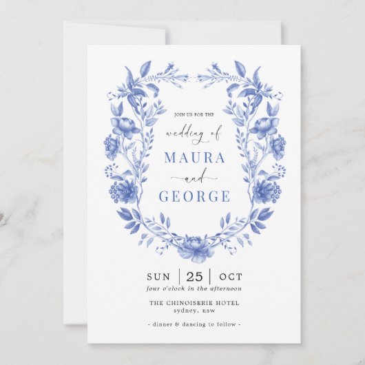 チノイスリーガーデンデルフトブルーフローラクレスト結婚ズ 招待状 (正面)