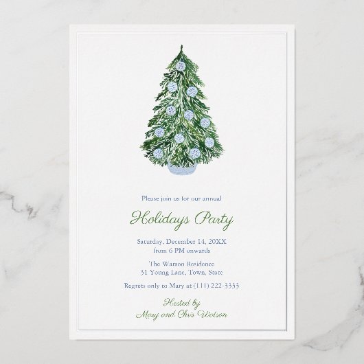 チノイスリーシックなクリスマスホリデーズパーティーブルー 箔招待状 (正面)