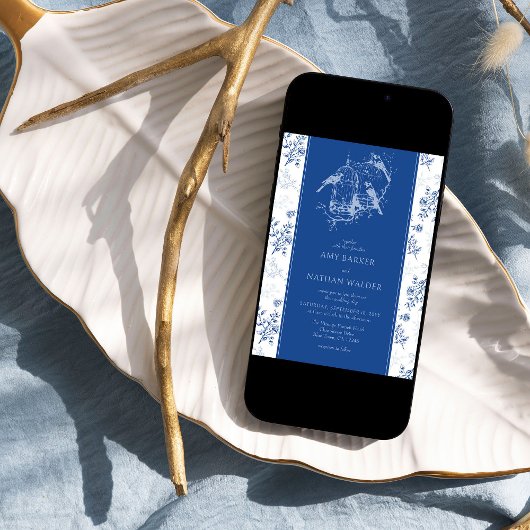 チノイスリーシックヴィンテージブルー&ホワイト結婚ズ 招待状