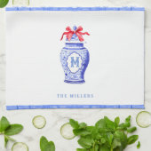 チノイスリージンジャージャーブモノグラム |レッドボウ キッチンタオル (折り畳み)