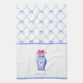 チノイスリージンジャージャーブモノグラム |レッドボウ キッチンタオル (縦)