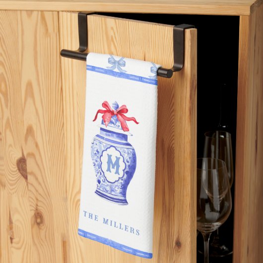 チノイスリージンジャージャーブモノグラム |レッドボウ キッチンタオル (三つ折り)