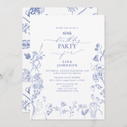 チノイスリーフランスのブルーフローラ60誕生日 招待状 (正面/裏面)