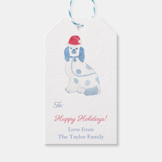 チノイスリーブルーとホワイトドッグサンタハットホリデーズ ギフトタグ (正面)