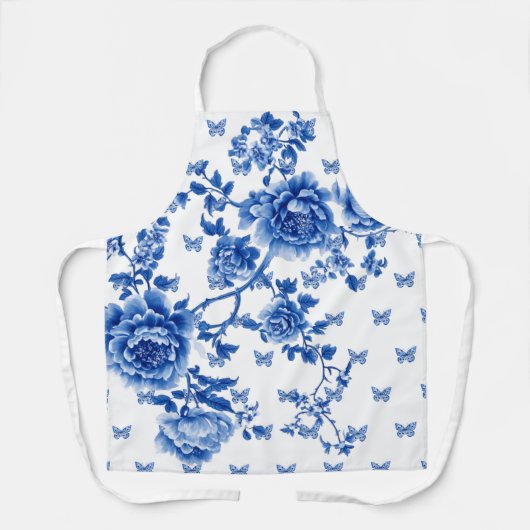 チノイスリーブルーホワイトバタフライバラ エプロン (正面)
