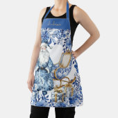 チノイスリーブルーホワイトフローラクリスマスサンタ エプロン (インサイチュ)