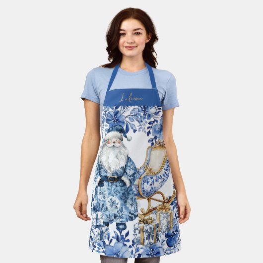 チノイスリーブルーホワイトフローラクリスマスサンタ エプロン (着用した状態)
