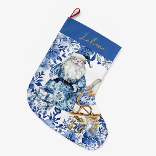 チノイスリーブルーホワイトフローラクリスマスサンタ ラージクリスマスストッキング (正面 (吊り時))