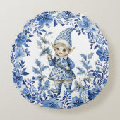 チノイスリーブルーホワイトフローラクリスマス小妖精や小人 ラウンドクッション (正面)