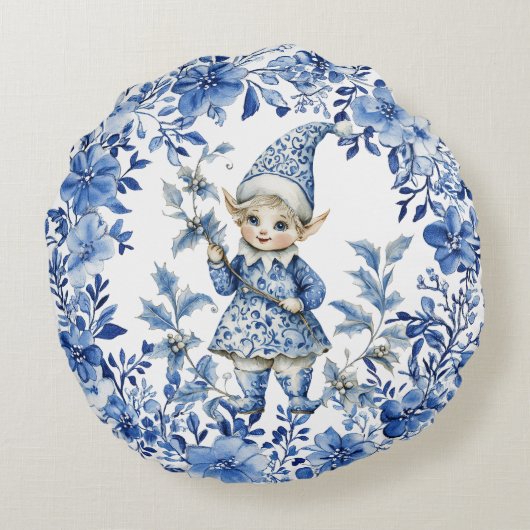 チノイスリーブルーホワイトフローラクリスマス小妖精や小人 ラウンドクッション (裏面)