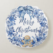 チノイスリーブルーホワイトフローラジンジャーブレッドマン ラウンドクッション (正面)