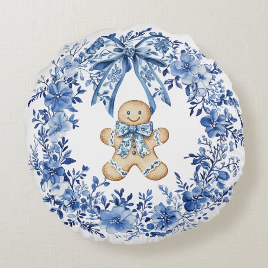 チノイスリーブルーホワイトフローラジンジャーブレッドマン ラウンドクッション (裏面)