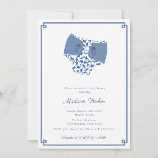 チノイスリーブルー&ホワイトおむつ拭き赤ちゃんシャワー 招待状 (正面)