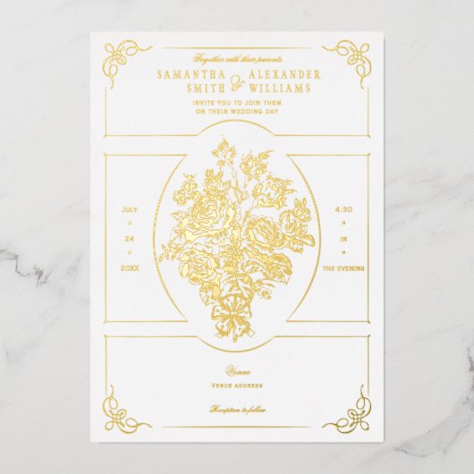 チノイセエレガントリーブルービクトリアンブーケ結婚ス 箔招待状 (正面)