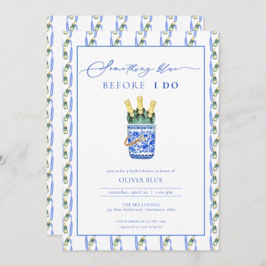 チノイセリーシャンパーヌエイブブルーブライダルシャワー 招待状 (正面/裏面)