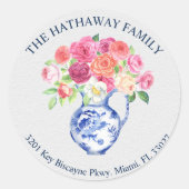 チノイセリーブルーベイナーフローラ差出人住所ラベル ラウンドシール (正面)