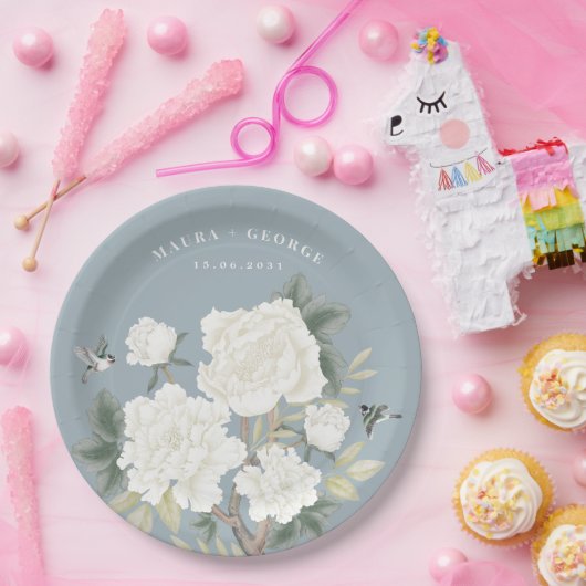 チノエレガントイスリー埃っぽい青いフローラバードズ結婚 ペーパープレート (パーティー)