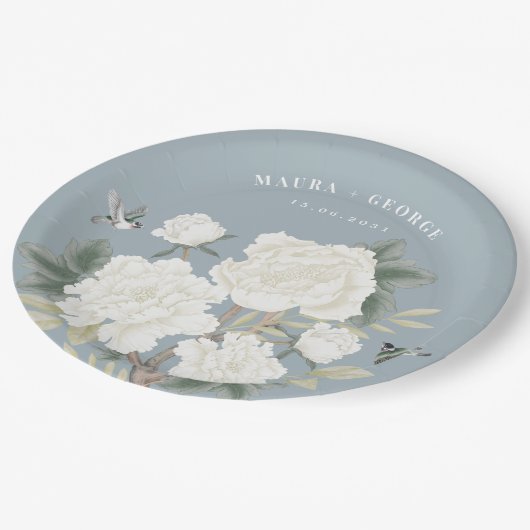チノエレガントイスリー埃っぽい青いフローラバードズ結婚 ペーパープレート (アングル)