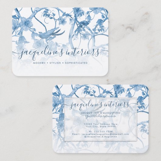 チノワイゼリエレガントーフローラダスティブルーヴィンテージ鳥 名刺 (正面/裏面)