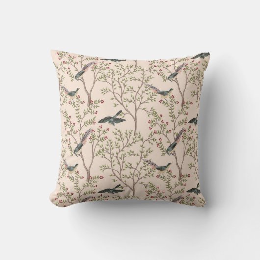 チノワセリーの鳥と葉の赤面ピンク クッション (正面)