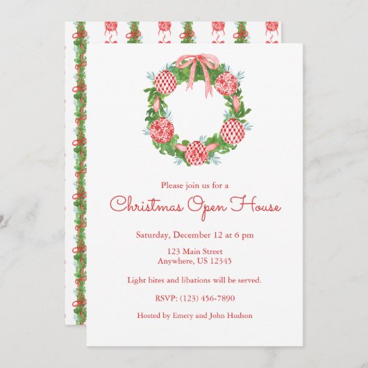 チノワセリーウォーターカラーレッドクリスマスリース 招待状 (正面/裏面)