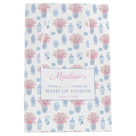 チノワセリーシックなピンク&ブルーの花嫁さん有難うござう ミディアムペーパーバッグ (正面)