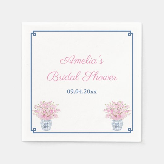 チノワセリーネイビーとピンクウェディングシャワー スタンダードカクテルナプキン (正面)